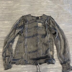 Free People Sheer Shimmery Long Sleeve Blouse in Metallic Gray